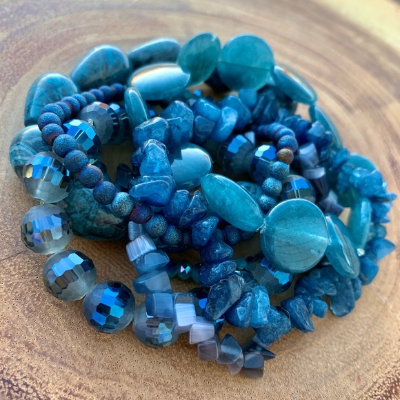 Natural Blue Gray Apatite, Jasper & Moonstone Gemstone Mix Bead Bracelet Stack - Picture 5 of 13